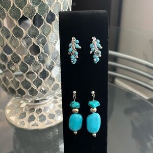 2 Pairs of Turquoise Silver Dangle Earrings